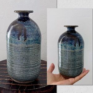 Vintage Pottery Mini Vase Hand Thrown Stoneware Drip Glaze Stripe Blue Green Tan